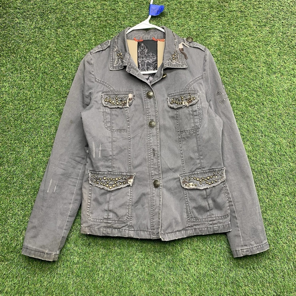 Miss Me Denim Jacket Womens Medium Long Sleeve Button Closure Embellished y2k